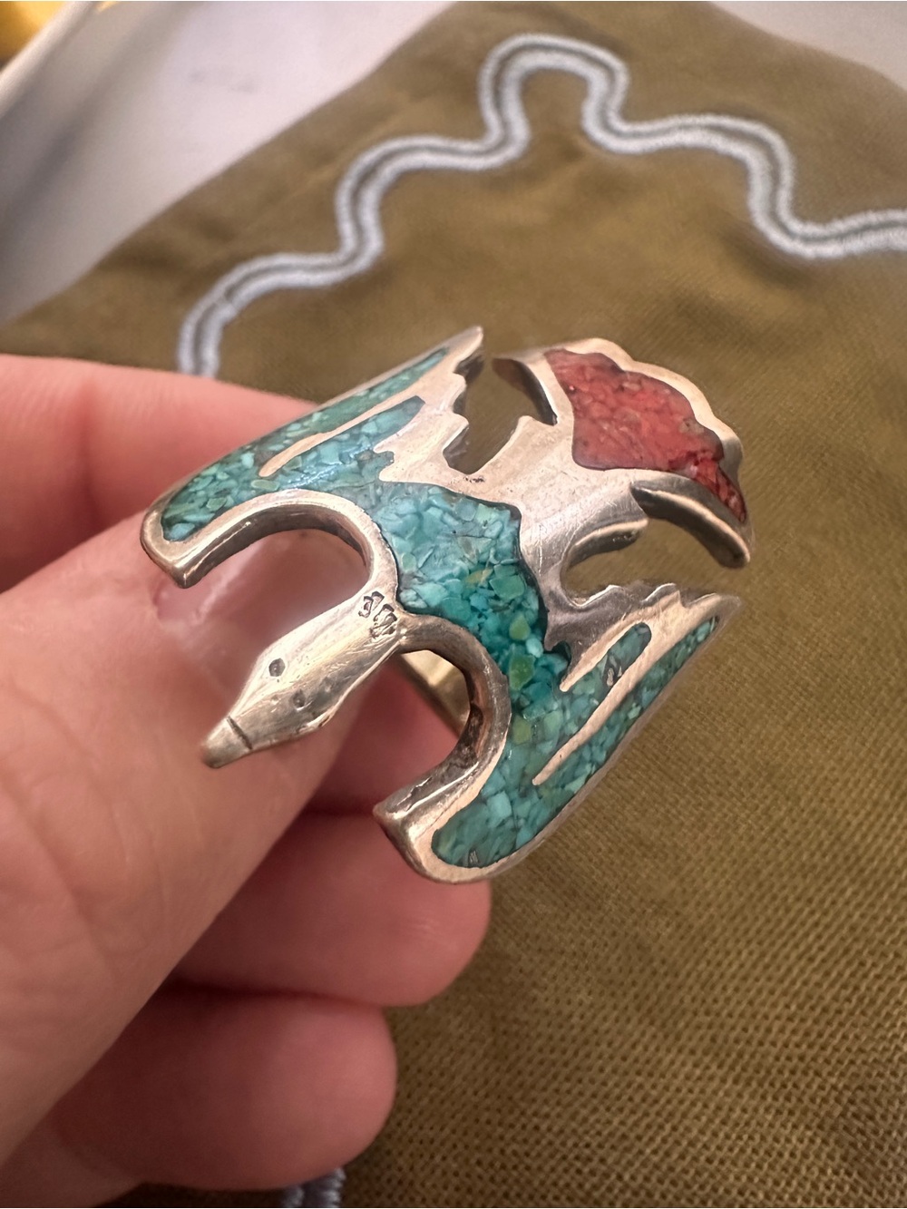 Men’s Sterling Silver Thunderbird Ring with Turquoise and Coral Inlay 1970s